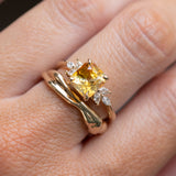 2.51ct Bicolor Orange White Sapphire Radiant Cut Marquise Diamond Cluster Ring in 14k Yellow Gold