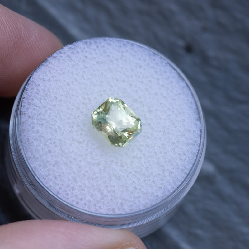 1.78CT MADAGASCAR RADIANT CUT SAPPHIRE, LIGHT YELLOW GREEN, 6.9X6X4MM