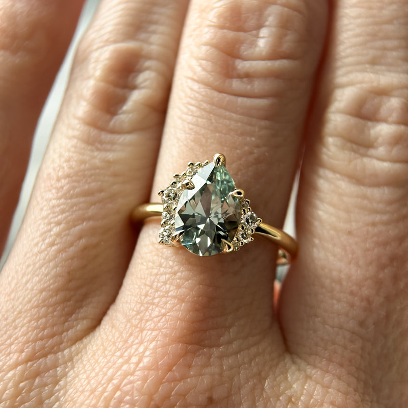 2.35ct Teal Blue Grey Untreated Pear Montana Sapphire and Diamond Asymmetrical Cluster Ring in 18k Yellow Gold