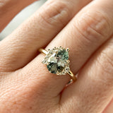 2.35ct Teal Blue Grey Untreated Pear Montana Sapphire and Diamond Asymmetrical Cluster Ring in 18k Yellow Gold