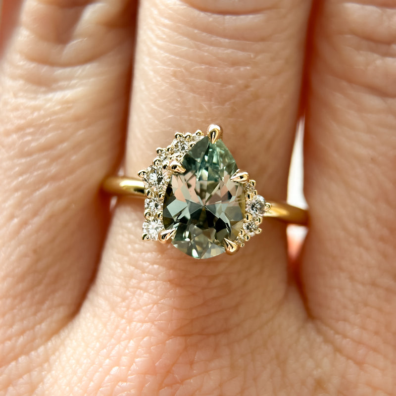 2.35ct Teal Blue Grey Untreated Pear Montana Sapphire and Diamond Asymmetrical Cluster Ring in 18k Yellow Gold