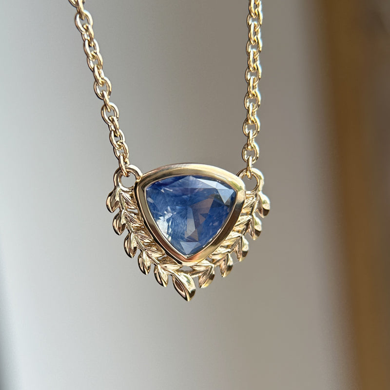2.54ct Untreated Sri Lankan Trillion Sapphire Vine Frame Necklace in 14k Yellow Gold