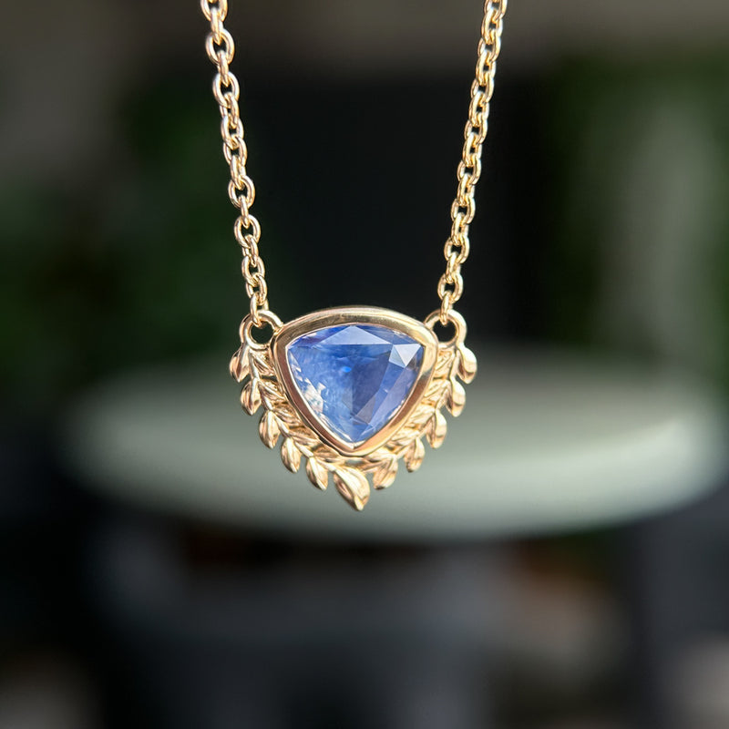 2.54ct Untreated Sri Lankan Trillion Sapphire Vine Frame Necklace in 14k Yellow Gold