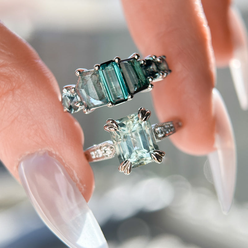 Teal Tourmaline and Sapphire Mosaic Low Profile Ring in 14k White Gold