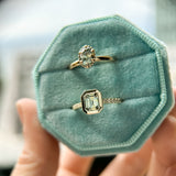 1.14ct Emerald Cut Parti Montana Sapphire Low Profile Bezel Solitaire Ring with Pavé Set Diamonds in 14k Green Gold