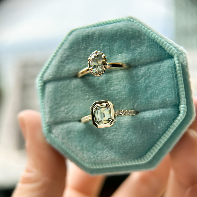 1.14ct Emerald Cut Parti Montana Sapphire Low Profile Bezel Solitaire Ring with Pavé Set Diamonds in 14k Green Gold