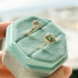 1.14ct Emerald Cut Parti Montana Sapphire Low Profile Bezel Solitaire Ring with Pavé Set Diamonds in 14k Green Gold