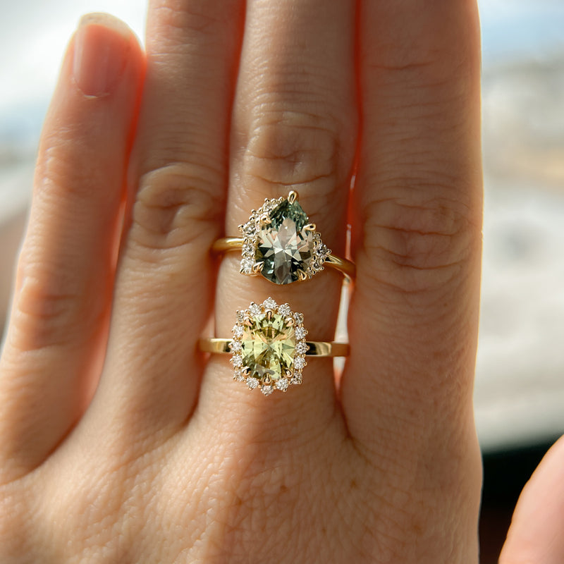 2.35ct Teal Blue Grey Untreated Pear Montana Sapphire and Diamond Asymmetrical Cluster Ring in 18k Yellow Gold
