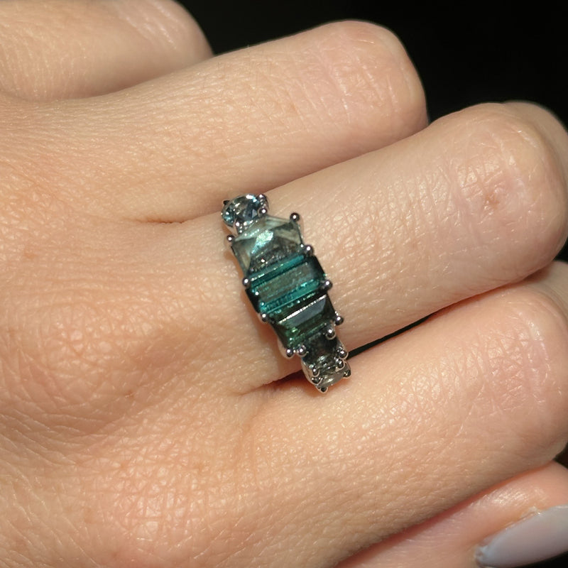 Teal Tourmaline and Sapphire Mosaic Low Profile Ring in 14k White Gold
