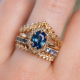 1.57ct Oval Teal Parti Sapphire and Alexandrite Hexagon Stackable Halo in 14k Yellow Gold