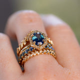 1.57ct Oval Teal Parti Sapphire and Alexandrite Hexagon Stackable Halo in 14k Yellow Gold