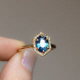 1.57ct Oval Teal Parti Sapphire and Alexandrite Hexagon Stackable Halo in 14k Yellow Gold