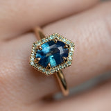 1.57ct Oval Teal Parti Sapphire and Alexandrite Hexagon Stackable Halo in 14k Yellow Gold