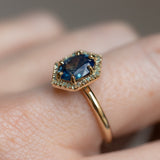 1.57ct Oval Teal Parti Sapphire and Alexandrite Hexagon Stackable Halo in 14k Yellow Gold