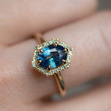 1.57ct Oval Teal Parti Sapphire and Alexandrite Hexagon Stackable Halo in 14k Yellow Gold