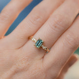 1.13ct Emerald Cut Seafoam Teal Australian Sapphire and Diamond Starry Night Low Profile Solitaire in 14k Yellow Gold