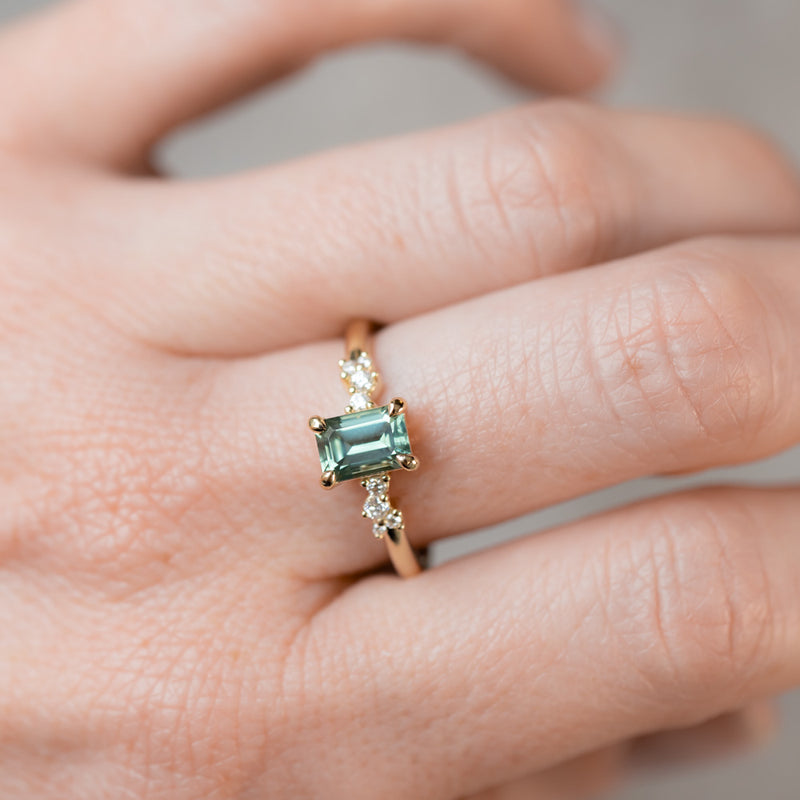 1.13ct Emerald Cut Seafoam Teal Australian Sapphire and Diamond Starry Night Low Profile Solitaire in 14k Yellow Gold