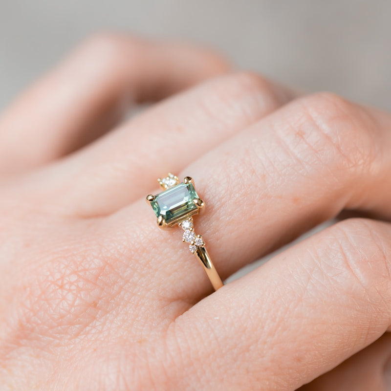 1.13ct Emerald Cut Seafoam Teal Australian Sapphire and Diamond Starry Night Low Profile Solitaire in 14k Yellow Gold