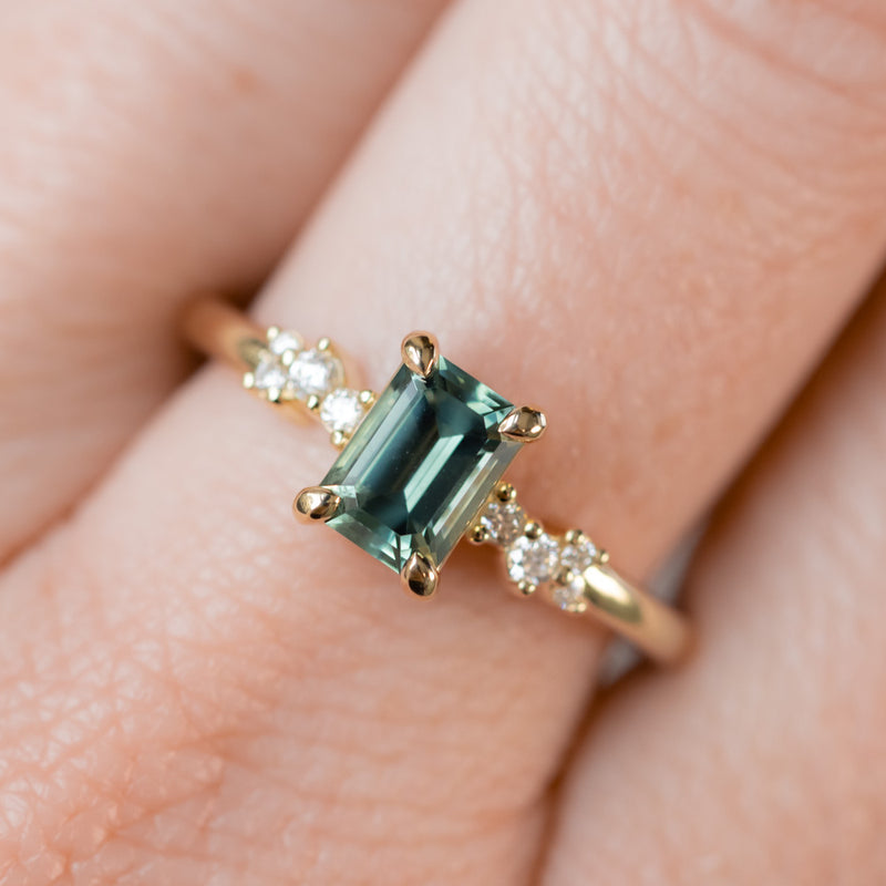 1.13ct Emerald Cut Seafoam Teal Australian Sapphire and Diamond Starry Night Low Profile Solitaire in 14k Yellow Gold