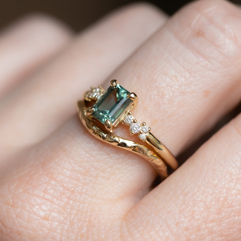 1.13ct Emerald Cut Seafoam Teal Australian Sapphire and Diamond Starry Night Low Profile Solitaire in 14k Yellow Gold