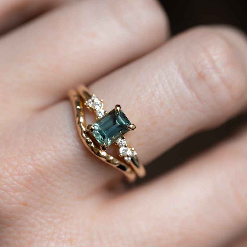 1.13ct Emerald Cut Seafoam Teal Australian Sapphire and Diamond Starry Night Low Profile Solitaire in 14k Yellow Gold