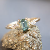 1.13ct Emerald Cut Seafoam Teal Australian Sapphire and Diamond Starry Night Low Profile Solitaire in 14k Yellow Gold