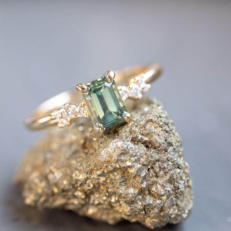 1.13ct Emerald Cut Seafoam Teal Australian Sapphire and Diamond Starry Night Low Profile Solitaire in 14k Yellow Gold