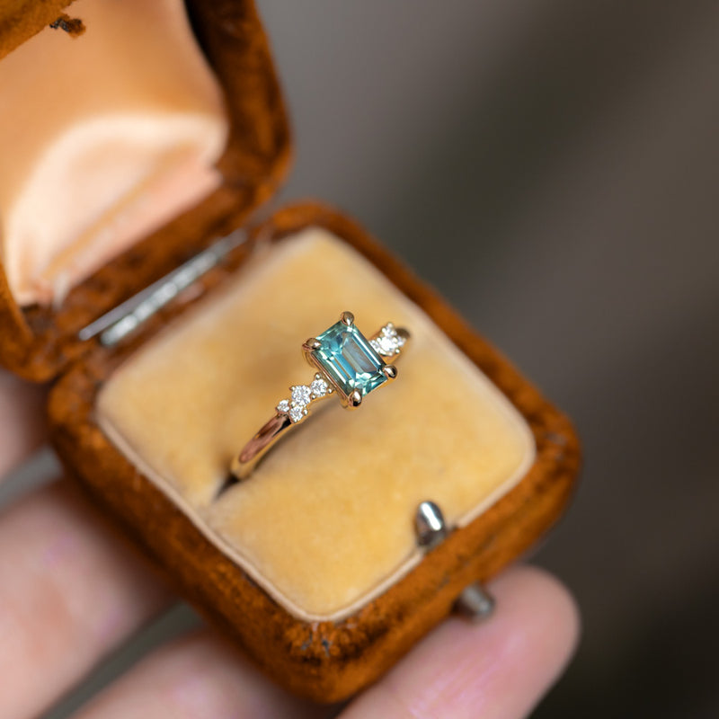 1.13ct Emerald Cut Seafoam Teal Australian Sapphire and Diamond Starry Night Low Profile Solitaire in 14k Yellow Gold