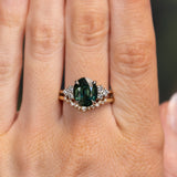 4.68ct Untreated Deep Teal Green Nigerian Oval Sapphire and Diamond Cluster Ring in Two Tone Platinum and 14k Yellow Gold
