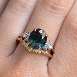 4.68ct Untreated Deep Teal Green Nigerian Oval Sapphire and Diamond Cluster Ring in Two Tone Platinum and 14k Yellow Gold