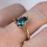 2.01ct Teal Pear Madagascar Sapphire Flat Band 5 Prong Solitaire in 18k Yellow Gold