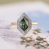 2.17ct Elongated Madagascar Teal Green Sapphire Bezel Set Diamond Halo Ring in Two-tone Platinum and Yellow Gold