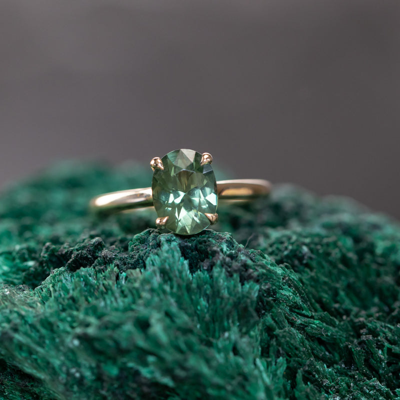 1.75ct Oval Teal Green Untreated Nigerian Sapphire Hidden Halo Solitaire in 14k Yellow Gold