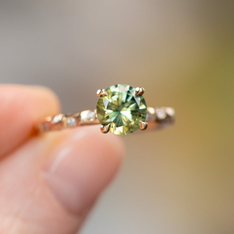 1.56ct Round Parti Australian Sapphire 4 Prong Evergreen Solitaire with Scattered Embedded Diamonds in 14k Yellow Gold