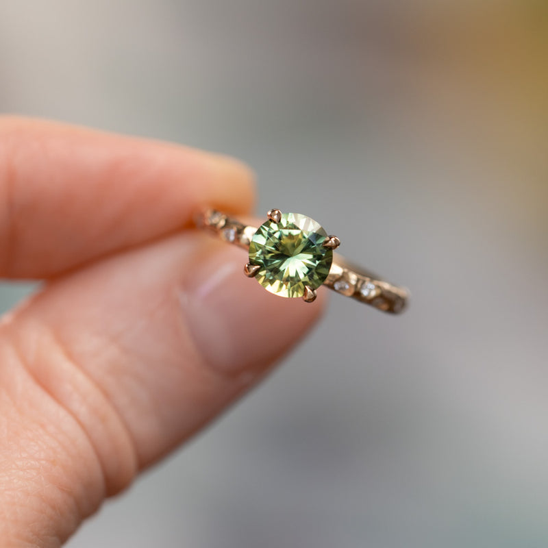 1.56ct Round Parti Australian Sapphire 4 Prong Evergreen Solitaire with Scattered Embedded Diamonds in 14k Yellow Gold