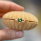 1.56ct Round Parti Australian Sapphire 4 Prong Evergreen Solitaire with Scattered Embedded Diamonds in 14k Yellow Gold