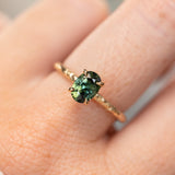 1.10ct Deep Teal Madagascar Sapphire Evergreen Carved 4 Prong Solitaire in 14k Yellow Gold