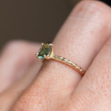 1.10ct Deep Teal Madagascar Sapphire Evergreen Carved 4 Prong Solitaire in 14k Yellow Gold