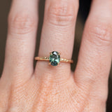 1.10ct Deep Teal Madagascar Sapphire Evergreen Carved 4 Prong Solitaire in 14k Yellow Gold