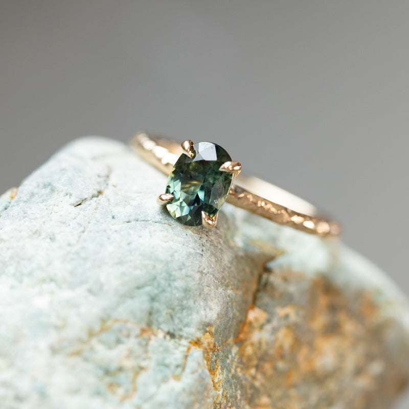 1.10ct Deep Teal Madagascar Sapphire Evergreen Carved 4 Prong Solitaire in 14k Yellow Gold