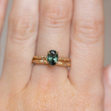 1.10ct Deep Teal Madagascar Sapphire Evergreen Carved 4 Prong Solitaire in 14k Yellow Gold