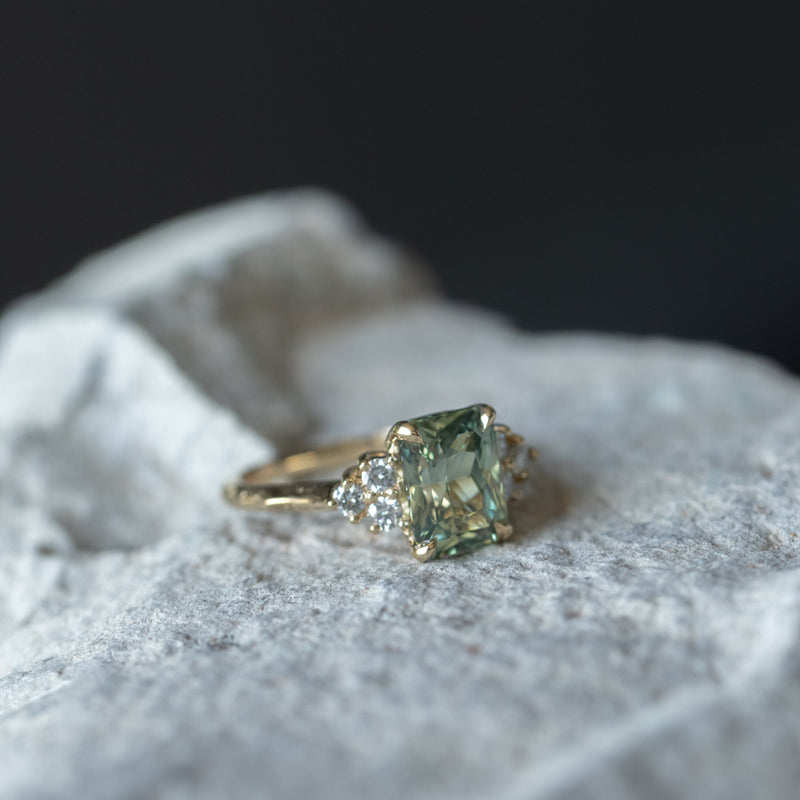 3.59ct Olive Green-Grey Untreated Radiant Cut Sapphire and Diamond Cluster Evergreen Ring in 14k Yellow Gold