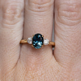 1.87ct Oval Untreated Songean Ocean Blue Sapphire and Lab Grown Diamond Dainty Three Stone Ring in 18k Yellow Gold