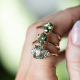 3.59ct Olive Green-Grey Untreated Radiant Cut Sapphire and Diamond Cluster Evergreen Ring in 14k Yellow Gold