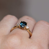 1.87ct Oval Untreated Songean Ocean Blue Sapphire and Lab Grown Diamond Dainty Three Stone Ring in 18k Yellow Gold