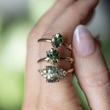 3.59ct Olive Green-Grey Untreated Radiant Cut Sapphire and Diamond Cluster Evergreen Ring in 14k Yellow Gold