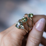 3.59ct Olive Green-Grey Untreated Radiant Cut Sapphire and Diamond Cluster Evergreen Ring in 14k Yellow Gold