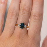 1.87ct Oval Untreated Songean Ocean Blue Sapphire and Lab Grown Diamond Dainty Three Stone Ring in 18k Yellow Gold