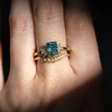 1.67ct Radiant Cut Deep Teal Blue Montana Sapphire and Lab Grown Marquise Diamond Cluster Ring in 14k Yellow Gold