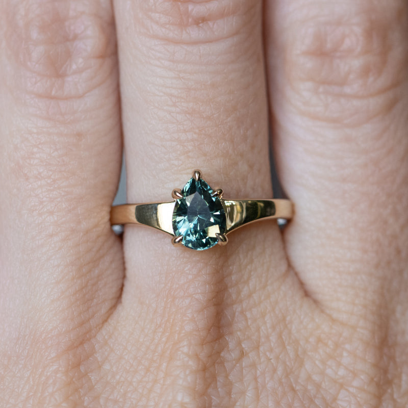 1.57ct Untreated Teal Pear Sapphire Low Profile 5 Prong Tapered Solitaire in 14k Yellow Gold